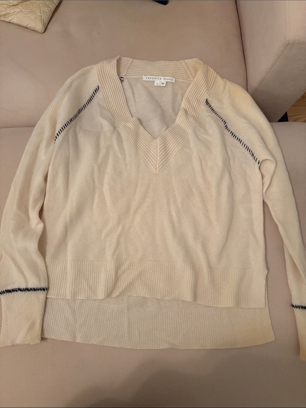 Veronica Beard Ivory V-Neck Lightweight Knit Sweater